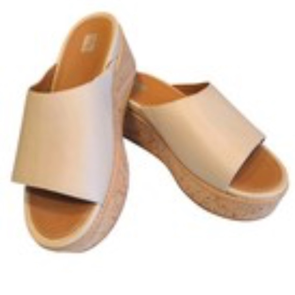 New FitFlop Eloise Slides Sandals Women  Beige Leather Cork Wrap Wedge 9US EUC - Picture 2 of 6